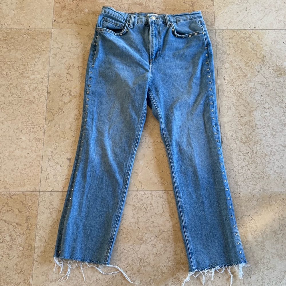 ZARA Rhinestone Embellished Jeans Raw Hem Straight Leg Size 8